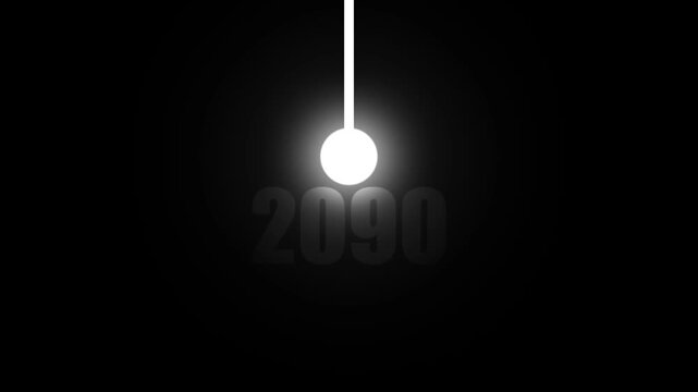 Glowing white pendulum ball with year 2090 displayed in faint grey text against a stark black background with a bright light emanating from the ball