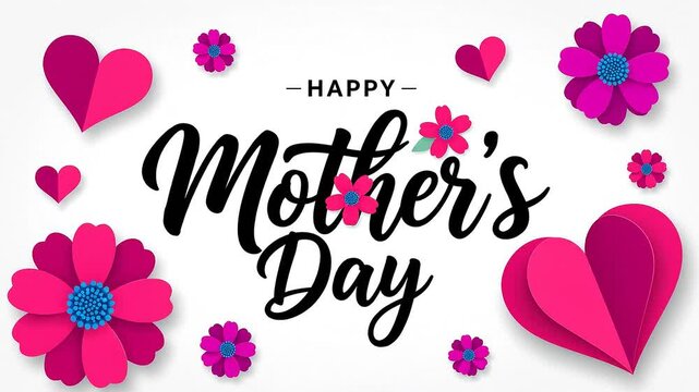 Happy Mothers Day Calligraphy With Pink Flowers And Hearts Festive Greeting Background Celebration Love Family Appreciation