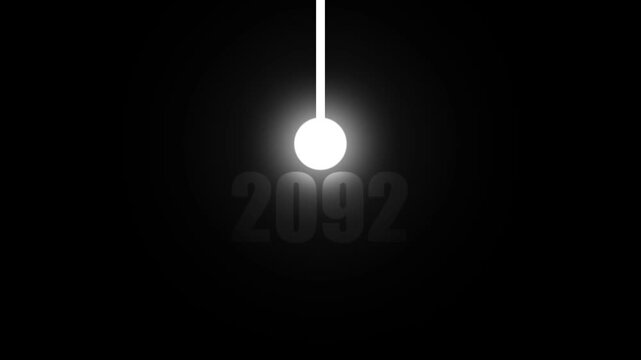 Bright white pendulum orb with the year 2092 subtly rendered in grey text on a solid black canvas with a strong light source originating from the central