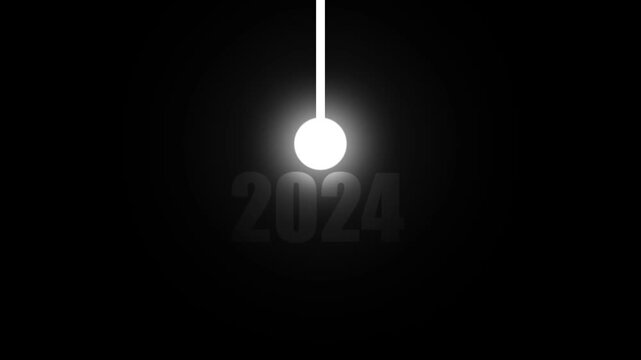 A luminous white pendulum ball swings and illuminates the year 2024 in a dark, minimalist abstract composition representing time, change, and forward movement with a stark and conceptual
