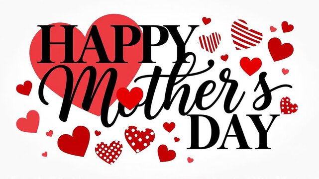Happy Mothers Day script text with red heart on white background celebratory greeting celebration love