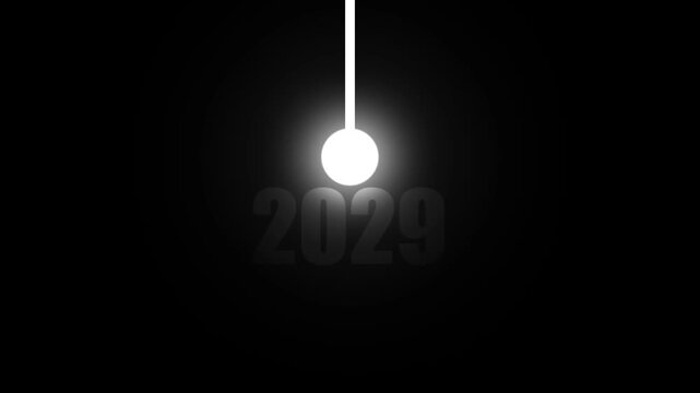 Luminous white pendulum ball illuminating the year 2029 in a dark void, representing the ongoing journey of time and future horizons