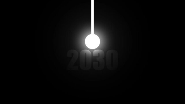 A glowing white pendulum ball swings over the year 2030 displayed in dark gray, set against a stark black background, symbolizing time and future progression keywords: time, future, year