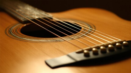 Obraz premium guitar. An acoustic guitar close-up highlighting the detailed wood grain and strings of the instrument. tutorial guides, club newsletters, designed for sports & leisure club marketing.