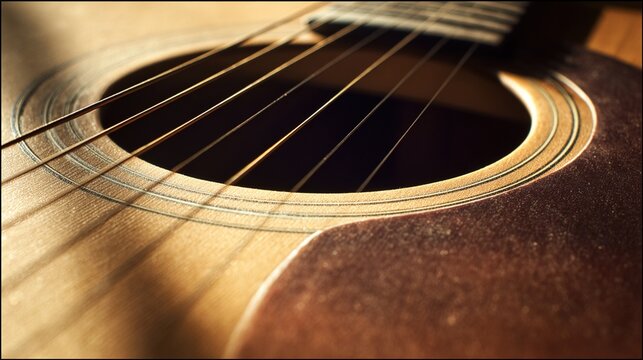 guitar. An acoustic guitar close-up highlighting the detailed wood grain and strings of the instrument. tutorial guides, club newsletters, designed for sports & leisure club marketing.