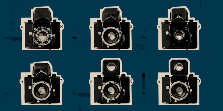 Vintage twin lens reflex cameras arranged in a repeating pattern