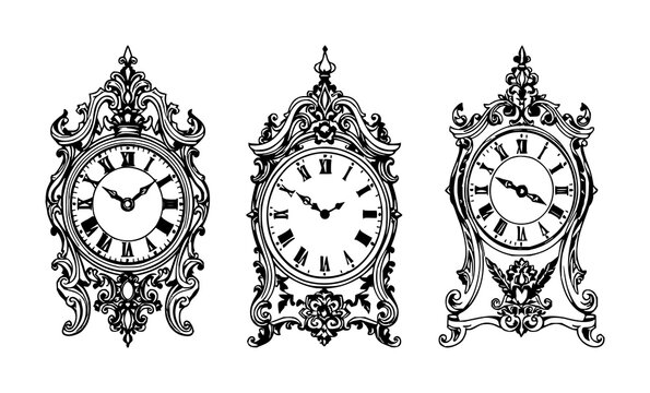 Clock set with intricate black line art design featuring ornamental, metallic, timekeeping with vintage and classic pendants