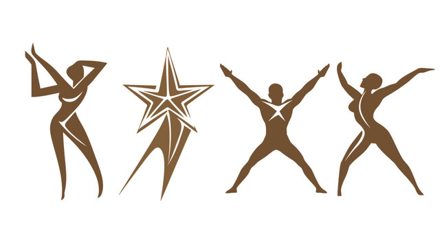 Stylized brown figures and star on white. Features figures in motion and a prominent star