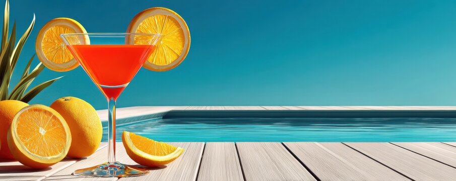 Vibrant orange cocktail in an elegant martini glass by a sunny pool with fresh citrus garnish