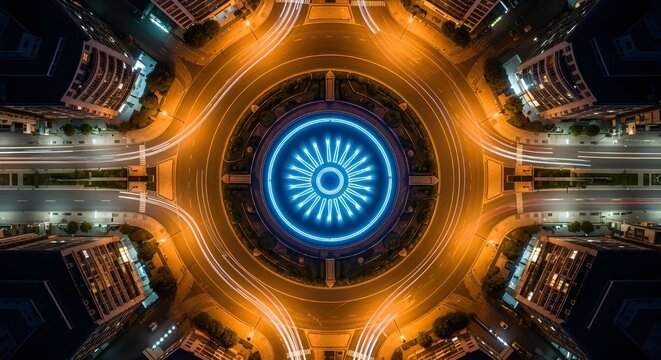 Aerial night view of illuminated city road and traffic with glowing city lights
