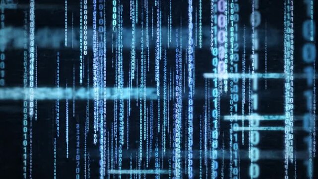 Digital code flows rapidly on a screen display
