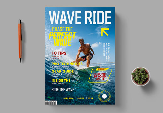 Surfing Magazine Cover Design with Ocean Wave Rider