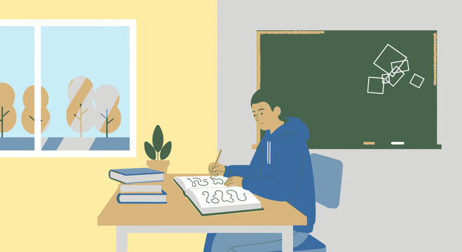 Man sitting at desk with books.