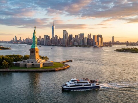 Statue of Liberty and New York City skyline at sunset. Sightseeing ferry boat cruising through harbor. Iconic landmarks and urban cityscape. Travel destination and tourism concept.