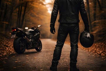 Naklejka premium Biker in Leather Gear Standing on Forest Road in Autumn