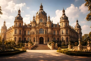 Obraz premium Majestic Grand Palace with Domed Towers and Formal Gardens