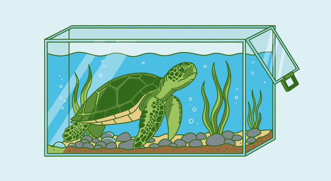 Green turtle in a fish tank.