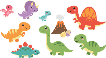 Cute colorful dinosaur character set with T-Rex Triceratops Stegosaurus and volcano with hatching eggs flat vector illustration isolated on white © MDJAKIRUL