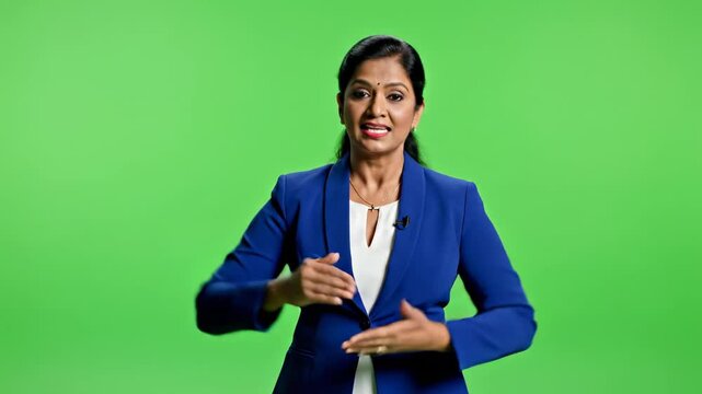 Confident businesswoman explaining presentation on green screen backdrop professional female presenter using hand gestures for emphasis
