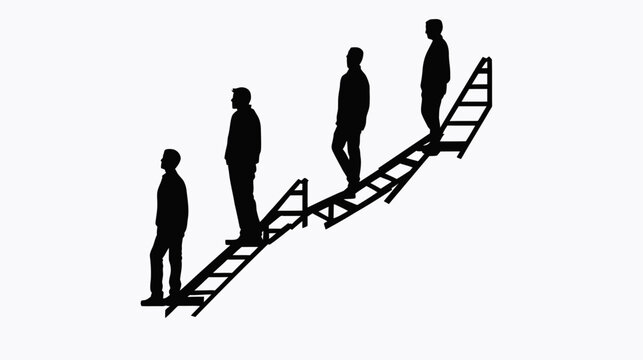 Silhouetted figures climb a ladder, ascending diagonally on a white background, symbolizing progress