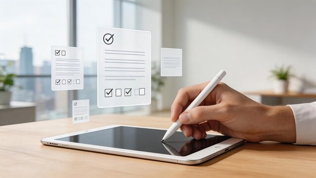 Business man using digital tablet device pen writing checklist checking off tasks managing documents on screen office interior with window background technology concept