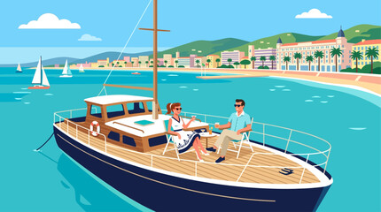 Obraz premium Elegant retro illustration of couple relaxing on a luxury yacht near Cannes coastline. Calm sea, sailboats, and Mediterranean cityscape highlight premium travel, leisure, and summer lifestyle vibes.