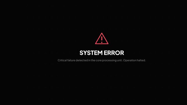 Motion graphic of system analysis leading to a critical system error message with red warning icon