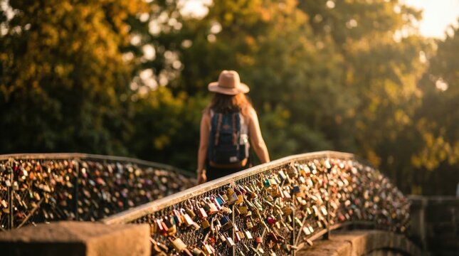Person walking on a bridge adorned with colorful padlocks