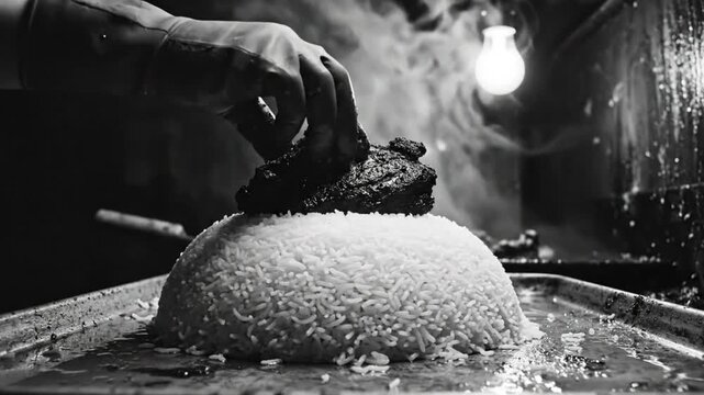 Black and white shot of gloved hand placing dark meat on top of steaming white rice, street food preparation.