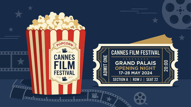 Vintage style popcorn bucket and cinema tickets with film strip background inspired by Cannes film festival, symbol of movie premiere, entertainment industry and luxury cinema experience illustration.