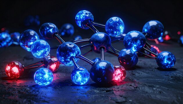 atomi e molecole blu e rosse di fantasia, legati insieme, in un ambiente astratto e oscuro 