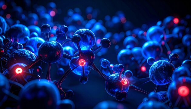 atomi e molecole blu e rosse di fantasia, legati insieme, in un ambiente astratto e oscuro 