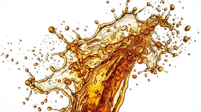 Amber liquid splash dynamic, dynamic fluid motion isolated on white background