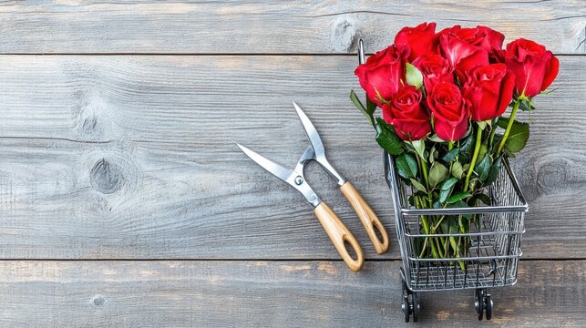 Overhead shot of a small shopping cart filled with red roses, next to a pair of scissors