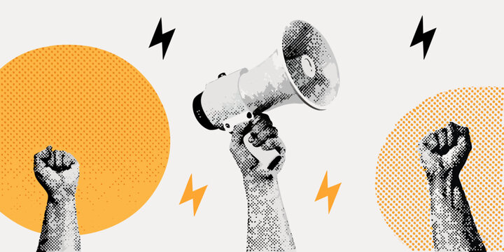 Protest imagery featuring a megaphone raised fists and lightning bolts