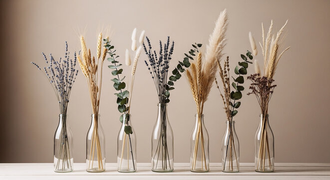 Koleksi Tanaman Kering Beragam dalam Botol Kaca dengan Susunan Simetris