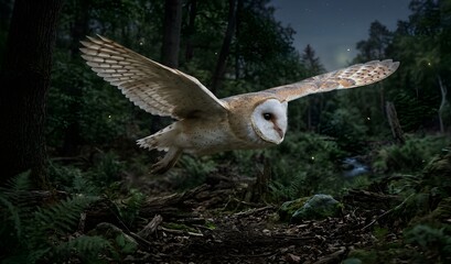 Fototapeta premium Barn Owl Hunting in Flight in Wild Forest – Tyto alba Flying Bird of Prey Wildlife Scene