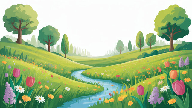 colorful cartoon landscape with stream and flowers in green meadow
