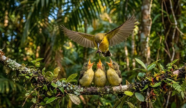 Female Bird Hovering in Mid-Air Feeding Three Hungry Chicks on Branch &ndash; Wildlife Scene in Batam, Indonesia