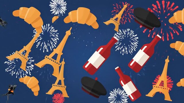 Celebrate Bastille Day with French icons like Eiffel Tower, croissants, berets, wine, and fireworks