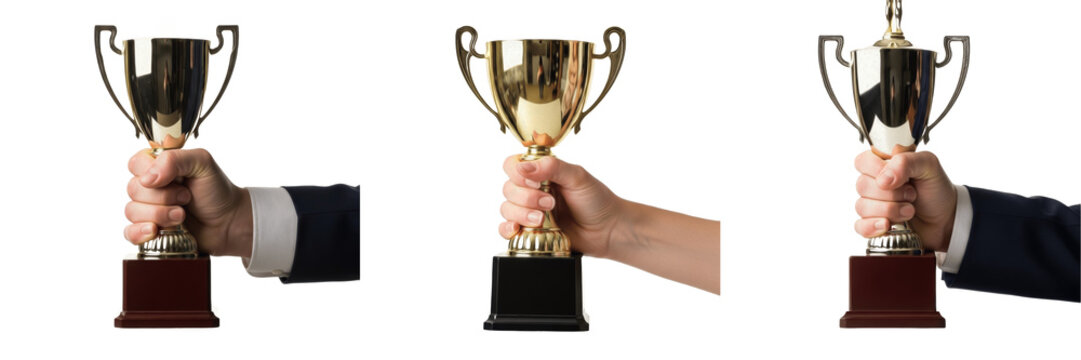 Hand Holding Golden Trophy Cup for Victory and Success, Recognition of Achievement and Champion Status, First Place Award Ceremony Symbol on White Background