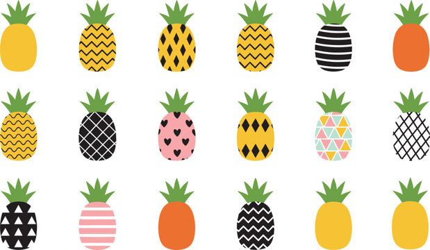 Set of colorful pineapple fruit icons with creative geometric patterns including stripes hearts and triangles flat vector illustration isolated on white background