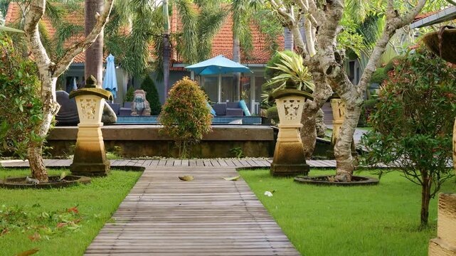 Resort architecture and landscape design with tropical garden and pool garden creates relaxing hotel atmosphere Garden space shows tourism business concept designer hotel owner and travel agent