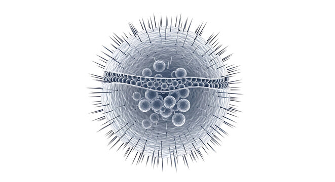 The illustration showcases a microscopic view of a virus with spikes and a distinctive band across its center.