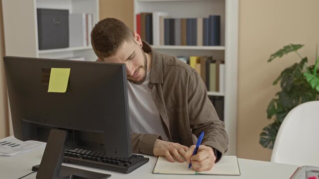 Man typing on a computer and writing in a notebook with pen, hands on keyboard in a building; concentration productivity work.