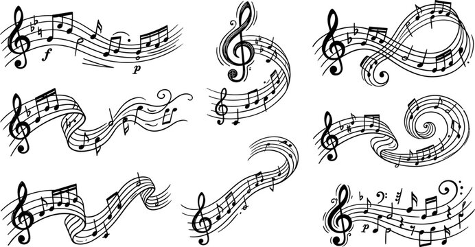 musical notes and treble clef decorative staff symbols collection, melody music notation elements set isolated on transparent background