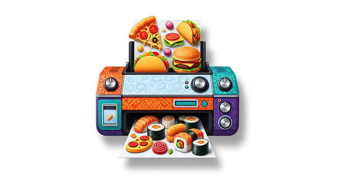Colorful food printer with pizza burger tacos and sushi on a white background illustration style