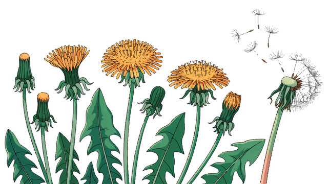 Dandelion flowers and leaves in various stages of growth and bloom