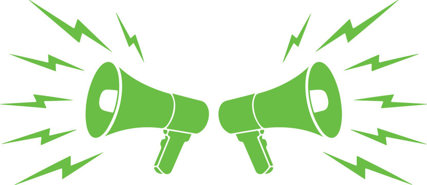 Two bright green loudspeakers announcing an important message with electric bolts radiating outwards for loud communication