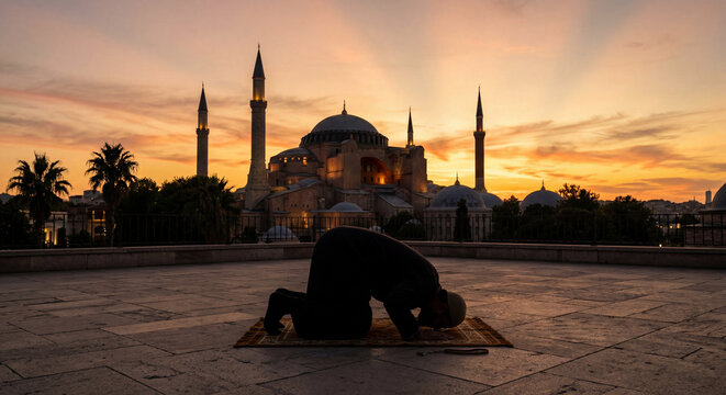 Muslim man prostrating in prayer on rooftop with hagia sophia mosque and sunset sky background in istanbul.